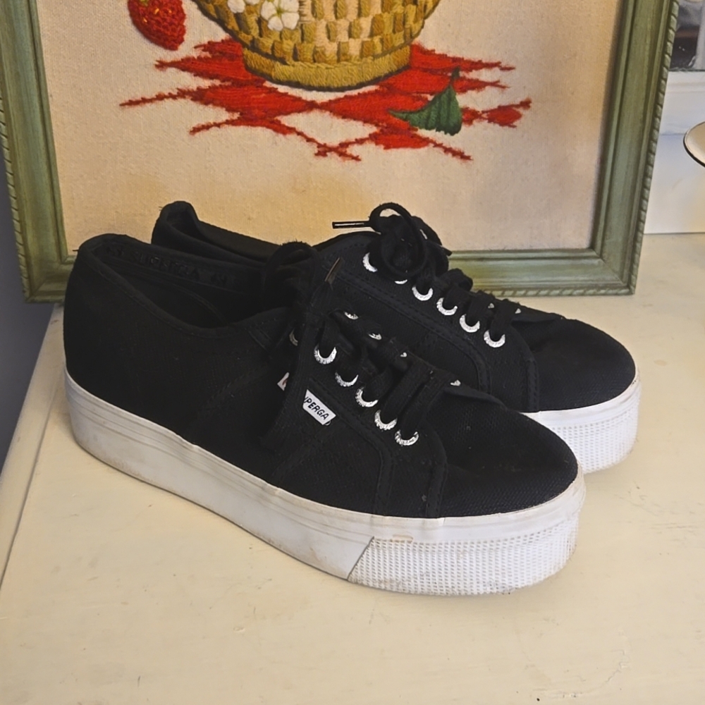 Superga Black Canvas Platform Sneakers with White Soles